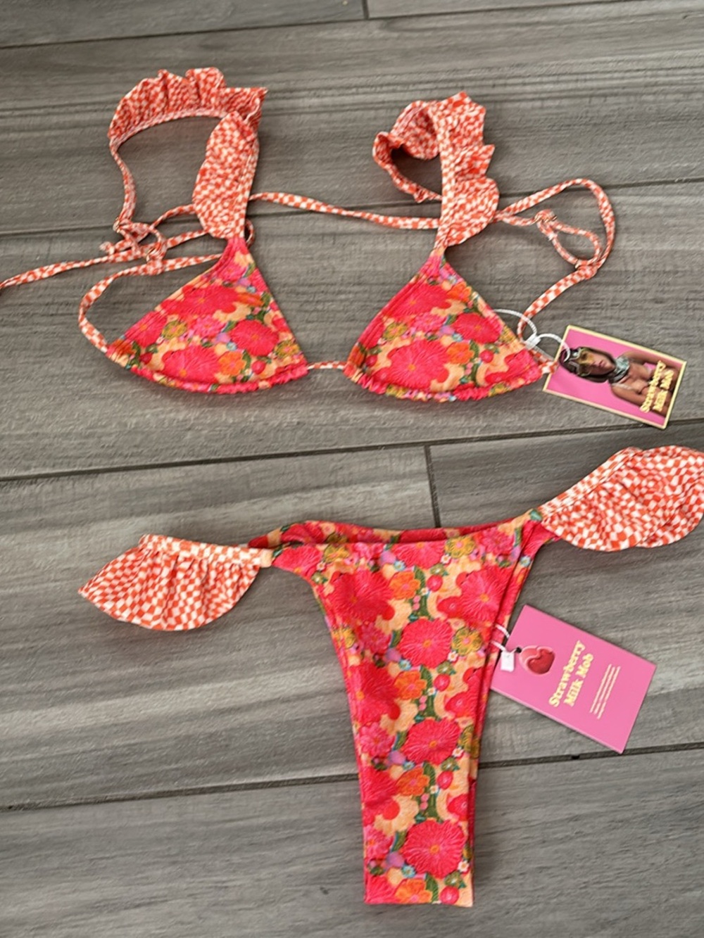 Strawberry Milk Mob- Pink Floral Ruffle String Bikini- Size XS